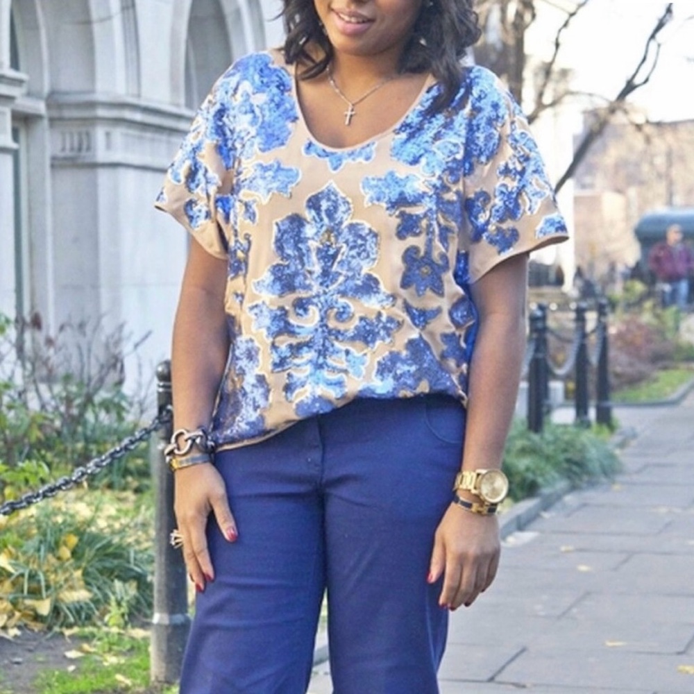 New Tracy Reese For Target Neiman Marcus Blue Sequin Floral Top Small
